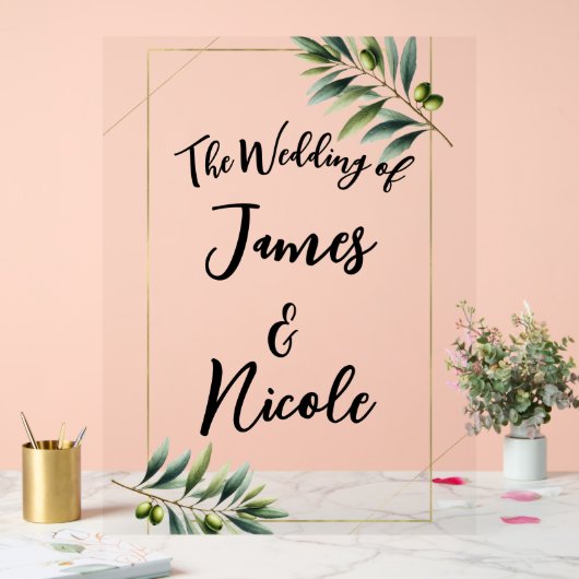 グリーンオリーブリーフ素朴と金ゴールド結婚ズサイン アクリルサイン (ウェディング)
