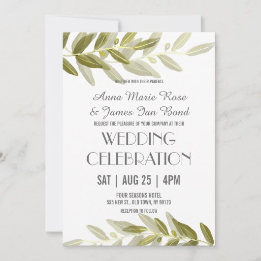 グリーンオリーブリーフ結婚式招待状 招待状 (正面)