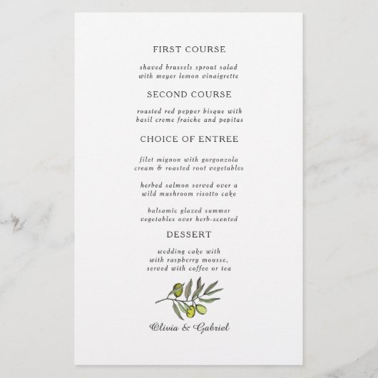 グリーンオリーブ。シンプルモダンファンシー結婚メニュー (正面)
