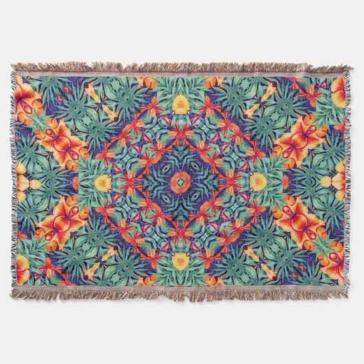 グリーンオレンジイエローブルー抽象芸術トロピカルパターン スローブランケット (正面)