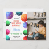 グリーンオレンジフォトアウタースペース誕生日招待状 招待状 (正面)