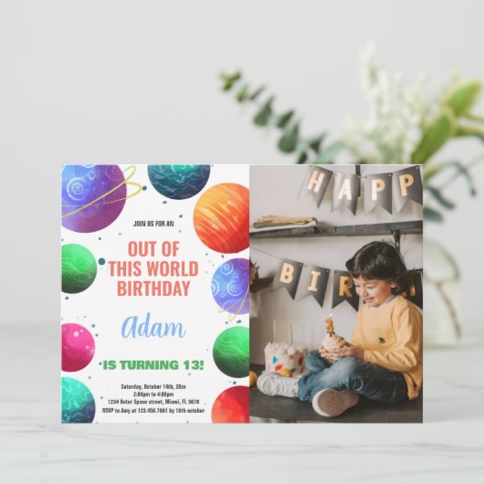グリーンオレンジフォトアウタースペース誕生日招待状 招待状 (スタンド正面)