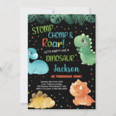 グリーンオレンジブラック恐竜誕生日招待状 招待状 (正面)