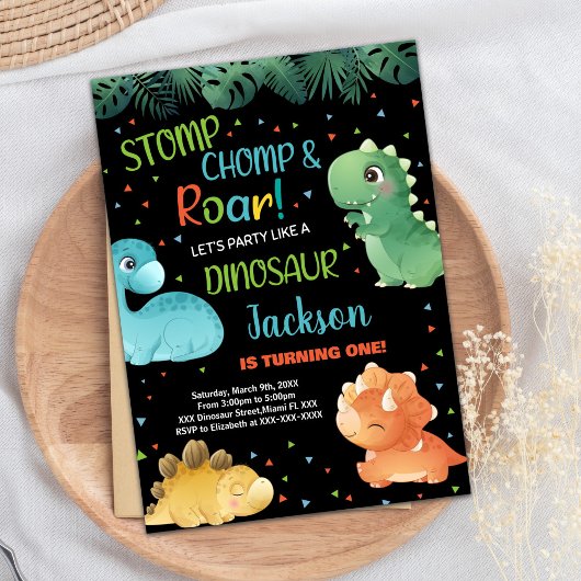 グリーンオレンジブラック恐竜誕生日招待状 招待状