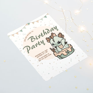 グリーンオレンジベビードラゴン誕生日招待状 招待状