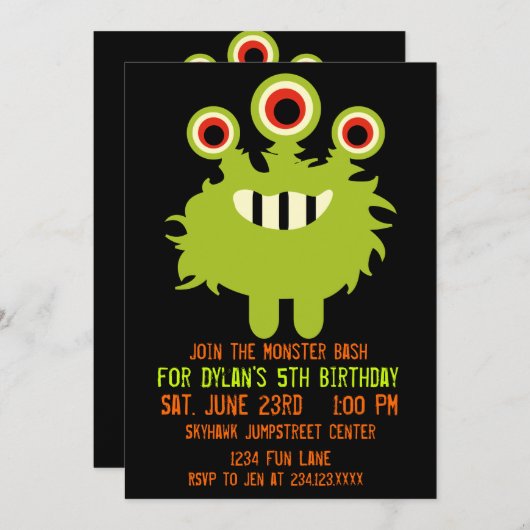 グリーンオレンジモンスターバースデーパーティ招待状 招待状 (正面/裏面)