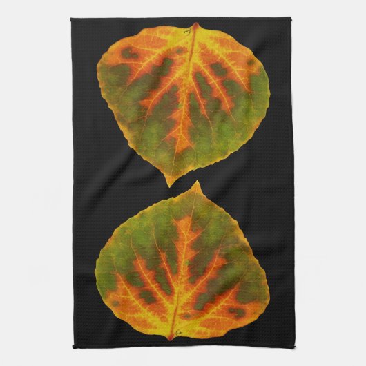 グリーンオレンジ&イエロー《植物》アスペンリーフ#1 キッチンタオル (縦)