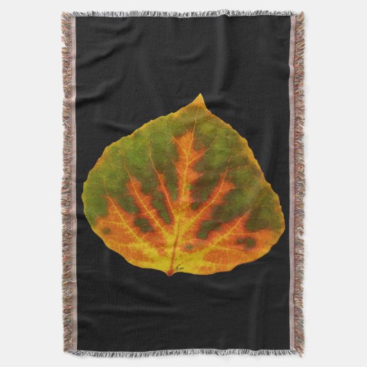 グリーンオレンジ&イエロー《植物》アスペンリーフ#1 スローブランケット (正面縦)