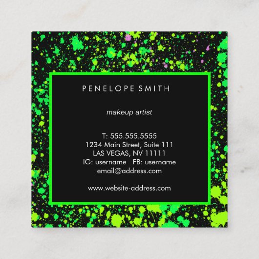 グリーンオンブラック絵を描(ばちゃばちゃ)跳ねる スクエア名刺 (裏面)