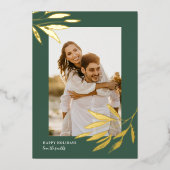 グリーンオーガニックナチュラル結婚クリスマスの写真金ゴールド 箔シーズンカード (正面)