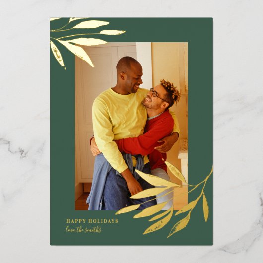 グリーンオーガニックナチュラル結婚クリスマスの写真金ゴールド 箔シーズンカード (正面)