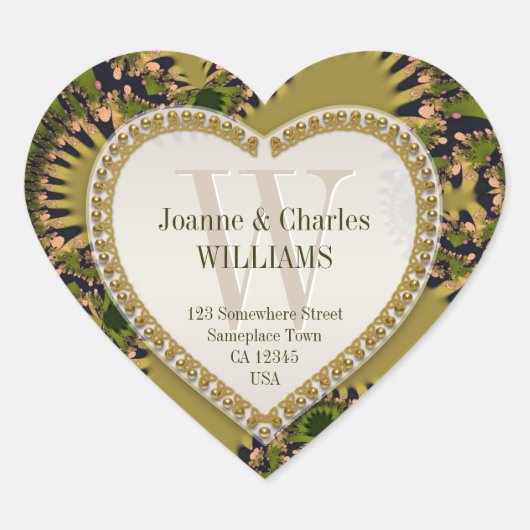 グリーンオーガニック自然フラクタルモノグラムのステッカー ハートシール (正面)