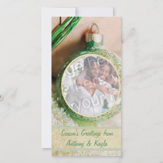 グリーンオーナメントとスノーフォトホリデーカード シーズンカード (正面)