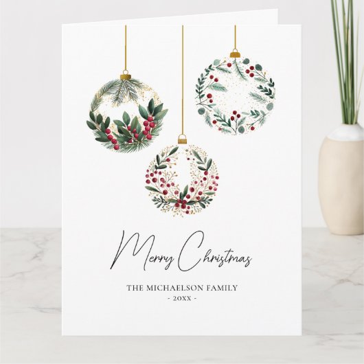 グリーンオーナメントの宝玉と写真のクリスマスカード カード (正面)