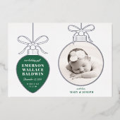 グリーンオーナメントベビーアナウンスホリデーカード 箔シーズンカード (正面)