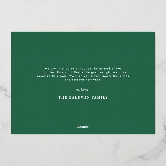 グリーンオーナメントベビーアナウンスホリデーカード 箔シーズンカード (裏面)