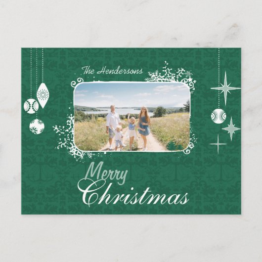 グリーンオーナメントレトロクリスマスファミリーフォト シーズンポストカード (正面)