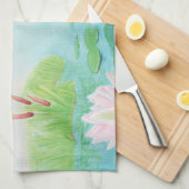 グリーンカエルが池に飛び込むイラストレーション キッチンタオル (四つ折り)