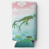 グリーンカエルが池に飛び込むイラストレーション スリム缶クーラー (裏面)