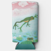 グリーンカエルが池に飛び込むイラストレーション スリム缶クーラー (正面)