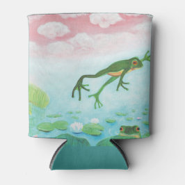 グリーンカエルが池に飛び込むイラストレーション 缶クーラー