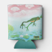 グリーンカエルが池に飛び込むイラストレーション 缶クーラー (裏面)