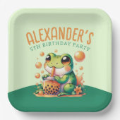 グリーンカエルとオレンジボバブルティーパーティー ペーパープレート (正面)