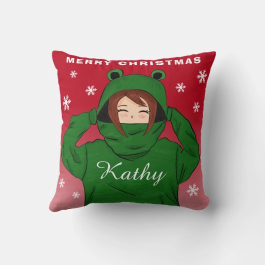グリーンカエルの女の子のフード付きスウェットシャツ雪の結晶クリスマス クッション (裏面)