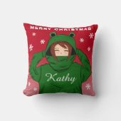 グリーンカエルの女の子のフード付きスウェットシャツ雪の結晶クリスマス クッション (正面)