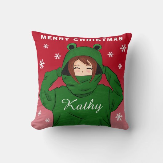グリーンカエルの女の子のフード付きスウェットシャツ雪の結晶クリスマス クッション (正面)