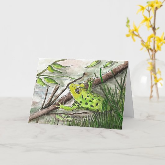 グリーンカエル、水彩フォークアート絵を描のプリント カード (黄色い花)