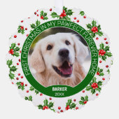 グリーンカスタムホリー赤ベリーに可愛い子犬の写真 オーナメントカード (正面)