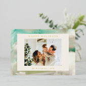 グリーンカスタム写真 ゴールドの抽象的な水彩画 箔シーズンカード (立ち正面)