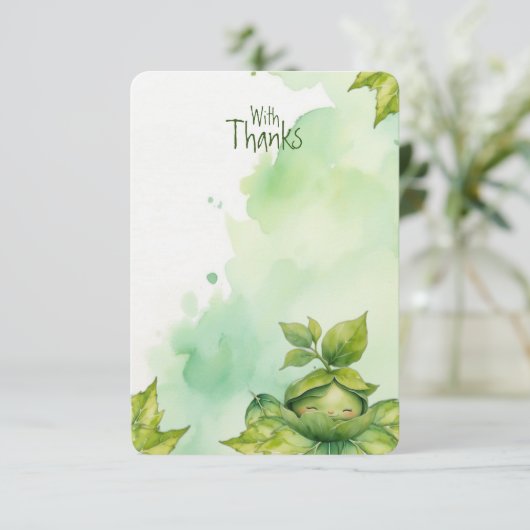 グリーンカスタム自然図解入りの、写真付きのベビーシャワー サンキューカード (スタンド正面)