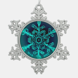 グリーンカップルイニシャル&イヤースノーフレークオーナメント スノーフレークピューターオーナメント