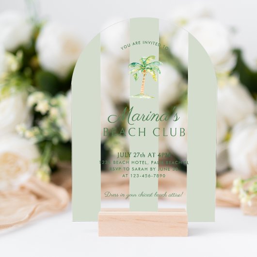 グリーンカバナストライプビーチパーム誕生日アーチ アクリル招待状