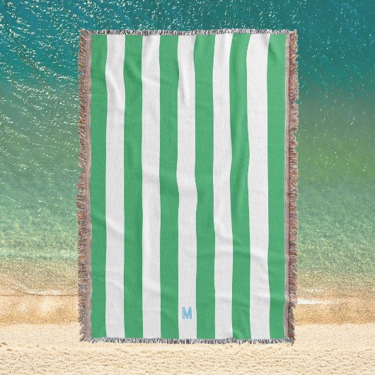 グリーンカバナストライプ&ブルーパーソナライズされたモノグラム スローブランケット