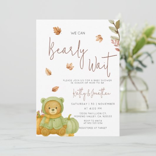 グリーンカボチャ我々は赤ちゃんシャワーを待つことができる 招待状 (スタンド正面)