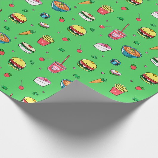 グリーンカラフルのかわいいフードパターン ラッピングペーパー (角)