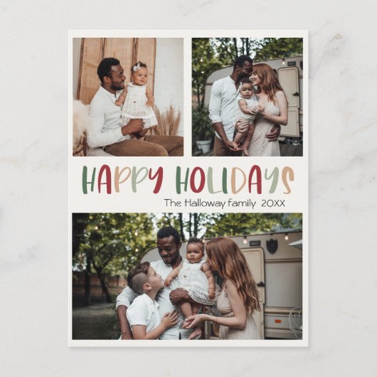 グリーンカラフルハッピーホリデーはっきりした3枚の写真 シーズンポストカード (正面)