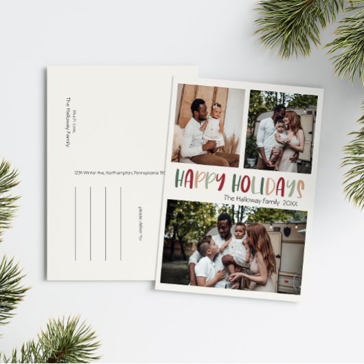 グリーンカラフルハッピーホリデーはっきりした3枚の写真 シーズンポストカード