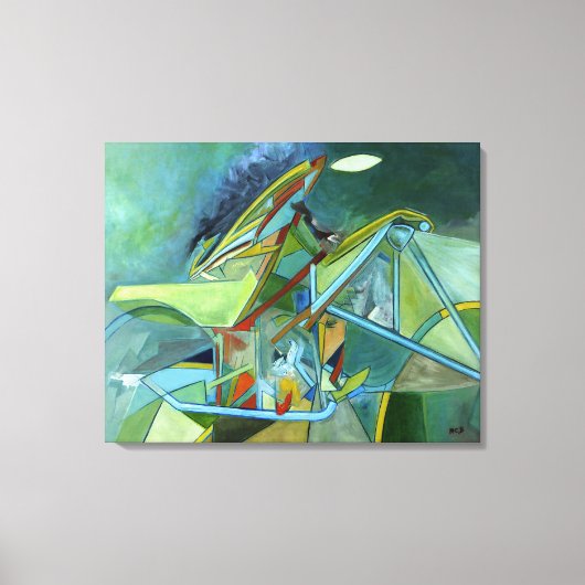 グリーンカラフルフューチュリストバイクもしくは自転車に乗る人幾何学抽象芸術 キャンバスプリント (正面)