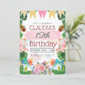 グリーンカラフルフローラ誕生日パーティーへの招待 招待状 (スタンド正面)