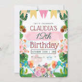 グリーンカラフルフローラ誕生日パーティーへの招待 招待状 (正面)