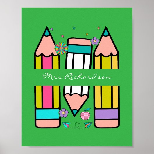 グリーンカラフル先生漫画鉛筆ポスター ポスター (正面)