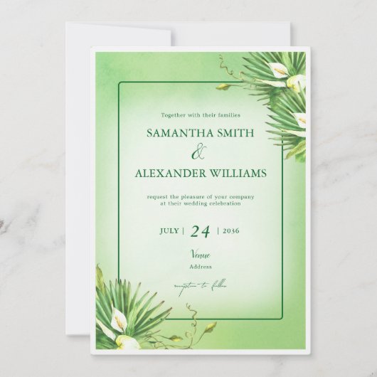 グリーンカラリリー予算の夏結婚すべて 招待状 (正面)