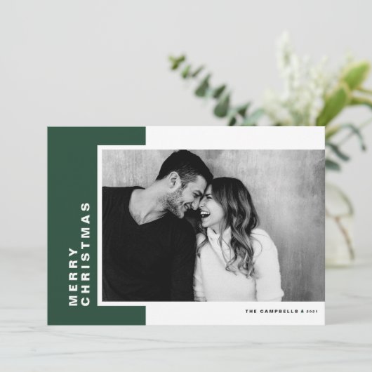 グリーンカラーモダンブロックメリークリスマスフォト シーズンカード (スタンド正面)