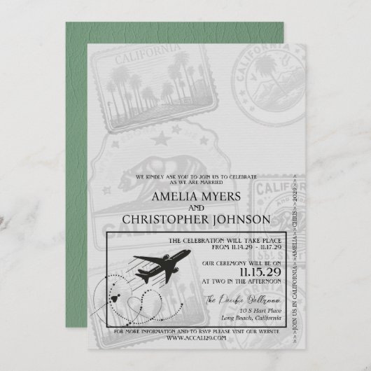 グリーンカリフォルニアパスポ結婚ート 招待状 (正面/裏面)