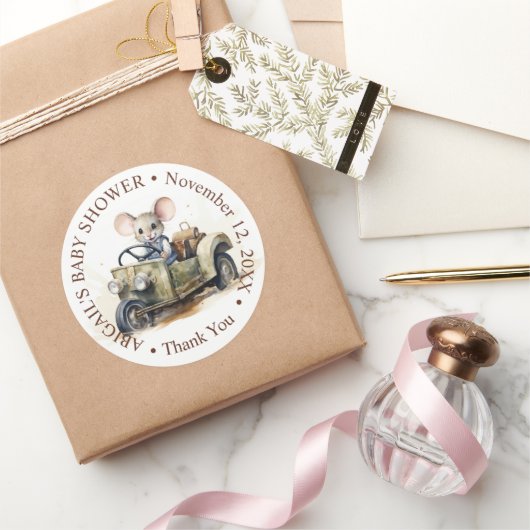 グリーンカーで可愛い水色マウス赤ちゃんシャワー ラウンドシール (ギフト)