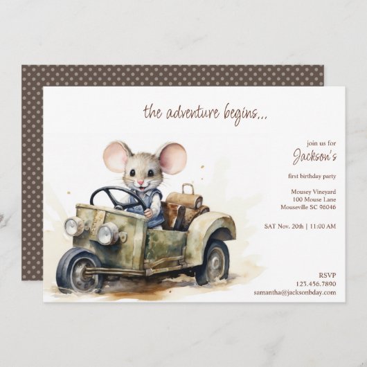 グリーンカーキッドのかわいい水色マウス誕生日 招待状 (正面/裏面)